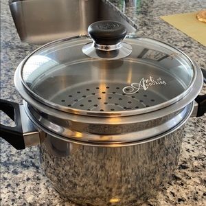 Pot and fruit stand.